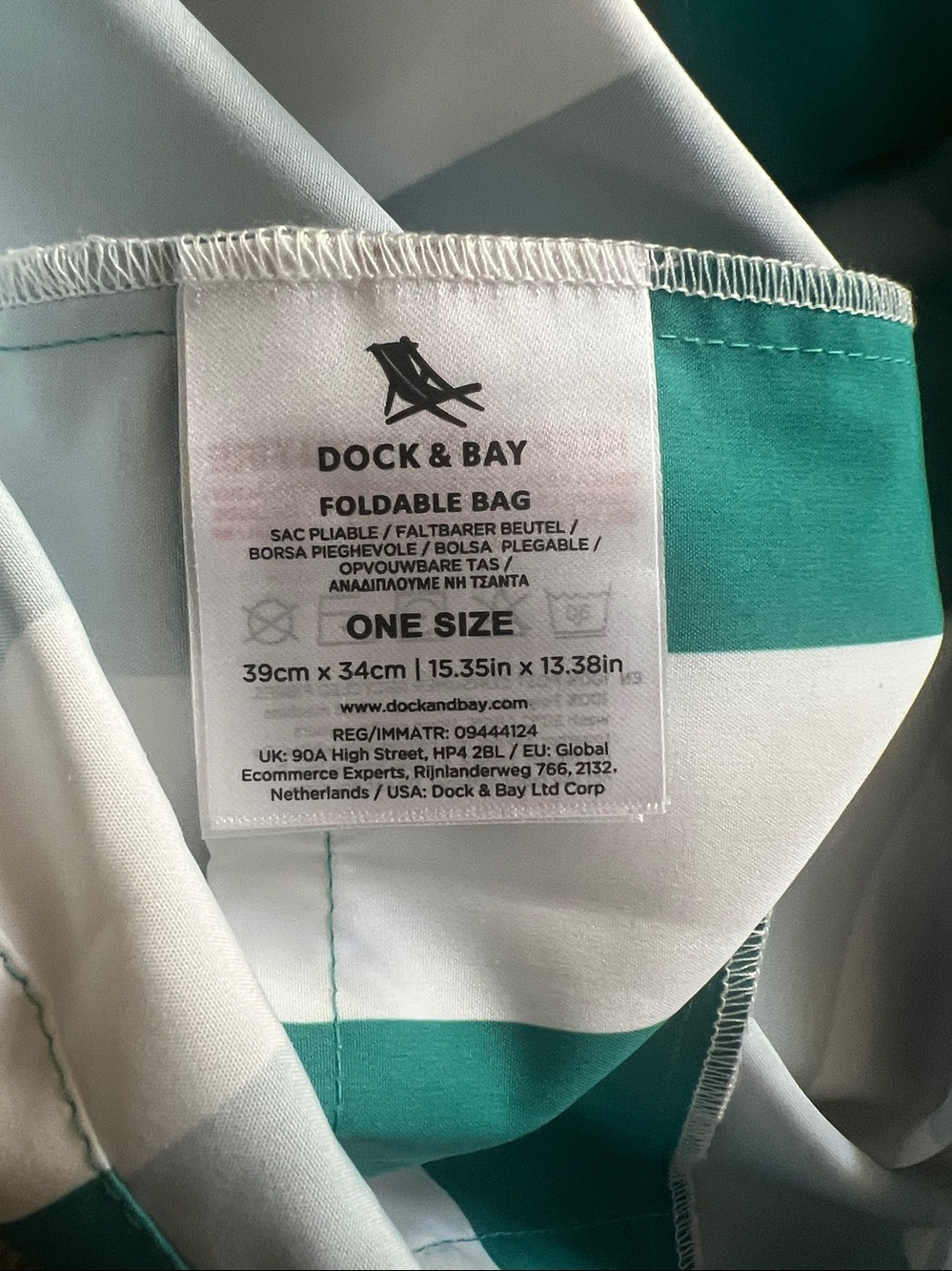 Dick & Bay Striped Green & White Foldaway Tote Bag Brandenton Area - Picture 4 of 7